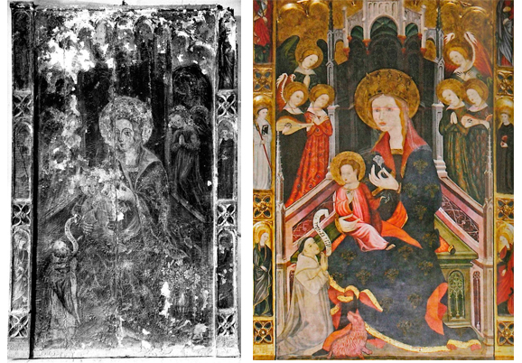 Left: 'Virgen de los Ángeles' of Bulbuente in 1947, before its restoration. Fundació Institut Amatller d'Art Hispànic | Right: 'Virgen de los Ángeles' of Bulbuente nowadays, after restoration.